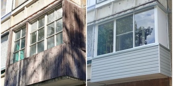 Замена остекления на алюминиевый раздвижной профиль и внешняя отделка балкона сайдингом.